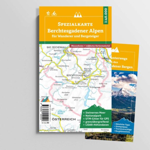 Karte des Berchtesgadener Ostens mit farbigen Routen, Bergen und Seen, inklusive Markierungen für spezielle Merkmale und Tipps, auf einer beigen Hintergrundkarte.