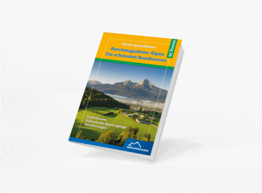 Buch mit dem Titel 'Berchtesgadener Alpen Die schönsten Rundtouren' auf dem Cover, zeigt ein Landschaftsfoto der Berchtesgadener Alpen mit Bergen, grünen Wiesen und kleinen Häusern, das im oberen Bereich des Buches zu sehen ist, mit einem Logo im unteren rechten Bereich.