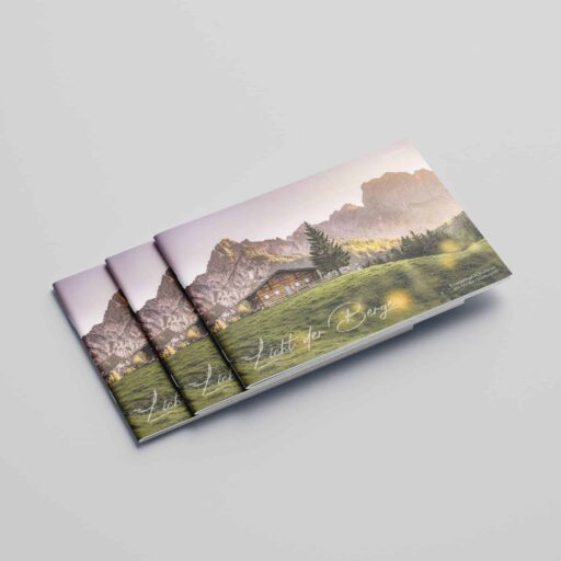 Drei identische Broschüren mit einem Bild von Bergen, einer Hütte, Wäldern und Grasland auf dem Cover, auf einem weißen Hintergrund. Der Text auf den Broschüren lautet "Licht der Berge".