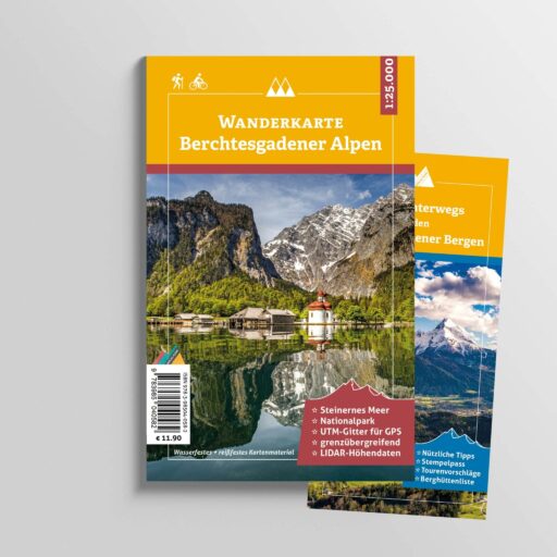 Zwei Wanderkarten für die Berchtesgadener Alpen, mit bunten Titelseiten, die Bilder von Bergen, Seen und Landschaften zeigen.