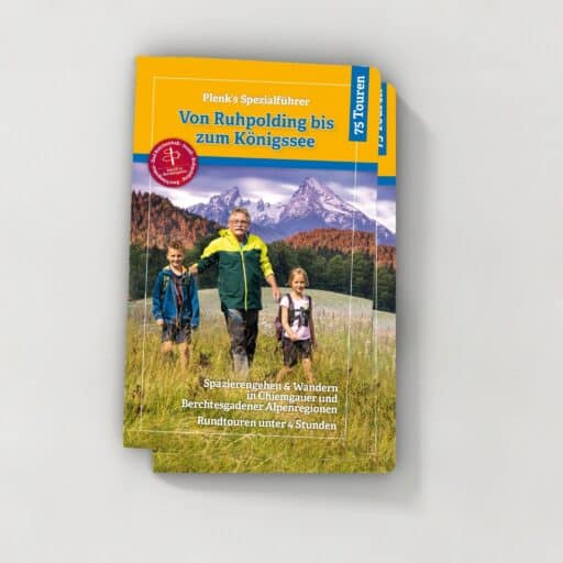 Broschüre mit gelbem, blauen und weißen Cover, zeigt eine Berglandschaft mit drei Personen beim Wandern, im Hintergrund schneebedeckte Berge, Text auf Deutsch über Wanderungen im Alpenregionen, roter Aufkleber links mit weißem Symbol.