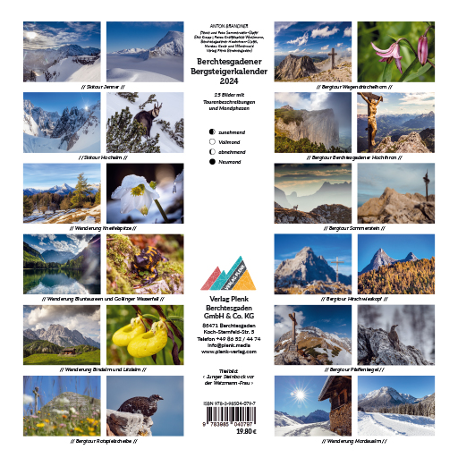 Ein Kalendercover mit einem atemberaubenden Bergpanorama im Hintergrund, das den majestätischen Watzmann und seine Nachbarberge im Berchtesgadener Land zeigt. Im Vordergrund des Bildes ist der Titel "Bergsteigerkalender Berchtesgaden 2024"