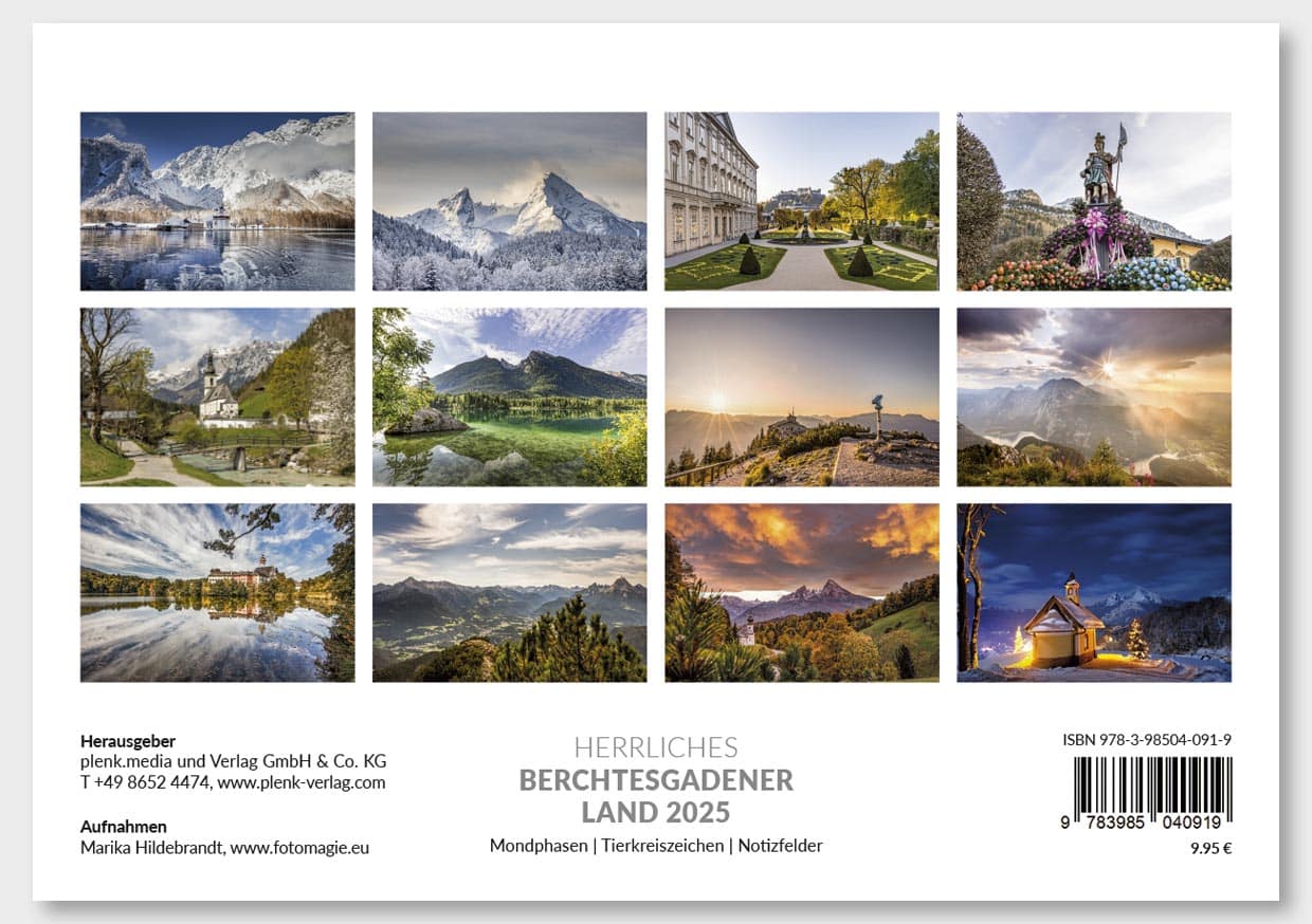 Collage aus zwölf faszinierenden Berg- und Landschaftsfotos, die von schneebedeckten Gipfeln über grüne Täler bis hin zu Sonnenuntergängen reichen.