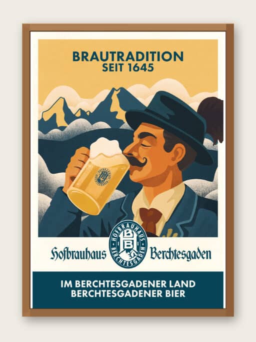 Kunstdruck Hofbräuhaus Berchtesgaden, Mann mit Bierkrug vor Alpenpanorama, Brautradition seit 1645, 40x60 cm, Ansicht mit Bilderrahmen zur Illustration