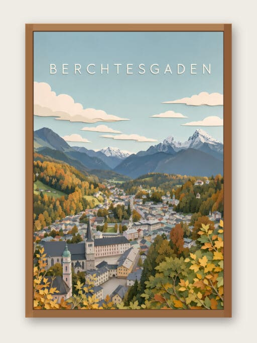 Kunstdruck Herbstpanorama von Berchtesgaden mit Alpenkulisse, 40x60 cm, Ansicht mit Bilderrahmen zur Illustration