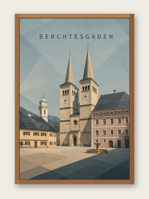 Kunstdruck Stiftskirche Berchtesgaden, Illustration der Altstadt-Kirche, 40x60 cm, Ansicht mit Bilderrahmen zur Illustration
