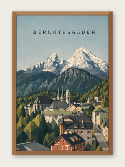 Kunstdruck Berchtesgadener Altstadt mit Watzmann-Massiv im Hintergrund, 40x60 cm, Ansicht mit Bilderrahmen zur Illustration