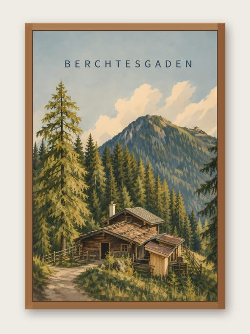 Kunstdruck Almhütte oberhalb von Berchtesgaden in den Alpen, 40x60 cm, Ansicht mit Bilderrahmen zur Illustration