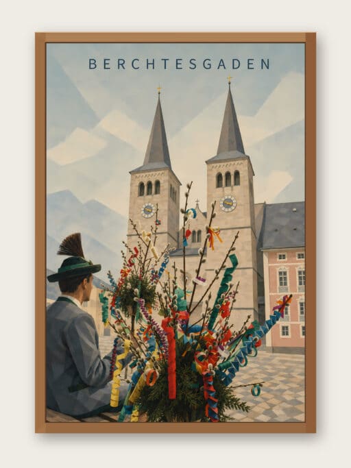 Kunstdruck Berchtesgadener Palmsonntagsbrauch mit geschmücktem Palmbuschen, 40x60 cm, Ansicht mit Bilderrahmen zur Illustration