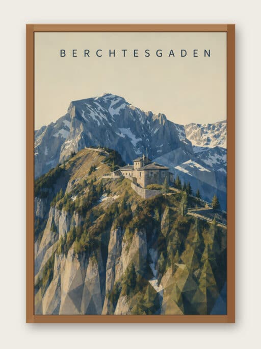 Kunstdruck Kehlsteinhaus auf dem Berggrat, Panorama der Berchtesgadener Alpen, 40x60 cm, Ansicht mit Bilderrahmen zur Illustration