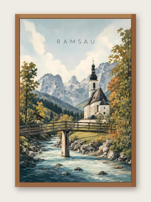 Kunstdruck Pfarrkirche St. Sebastian in Ramsau bei Berchtesgaden mit Bergkulisse, 40x60 cm, Ansicht mit Bilderrahmen zur Illustration