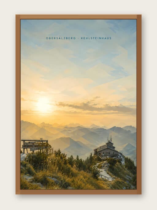 Kunstdruck Blick vom Kehlsteinhaus über den Obersalzberg bei Sonnenuntergang, 40x60 cm, Ansicht mit Bilderrahmen zur Illustration